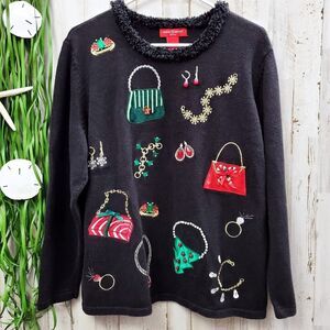 Merry & Bright Embellished Holiday Sweater Black XL Petite